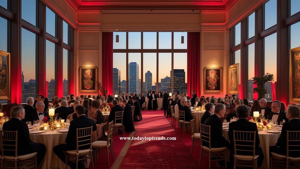 Boston Brahmin gala 2025 with elegant attendees and city skyline
